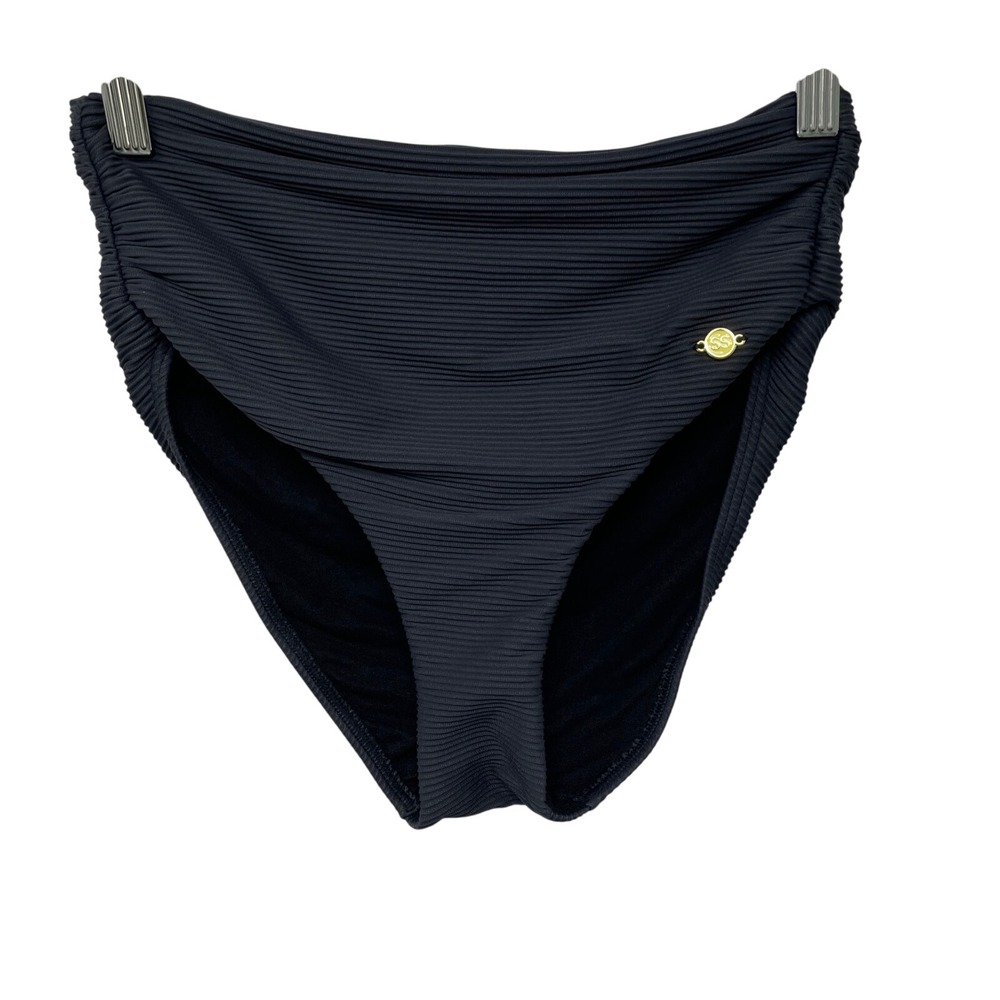 Sunseeker Swim High Waist Bikini Bottoms Ruched Ribbed Black Size 8 Beach Pool